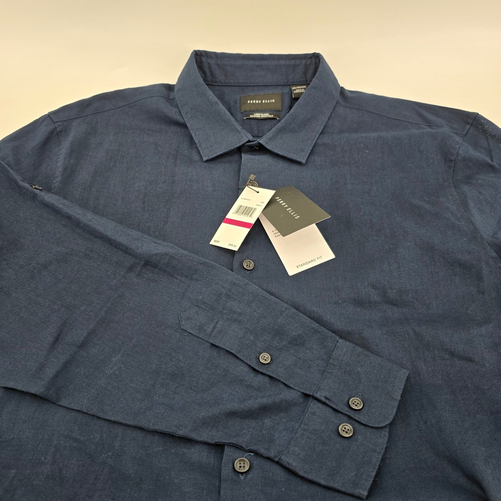 Perry Ellis Button Down Mens Linen Blend Roll Tab Sleeve Navy XXL MSRP $95 NWT